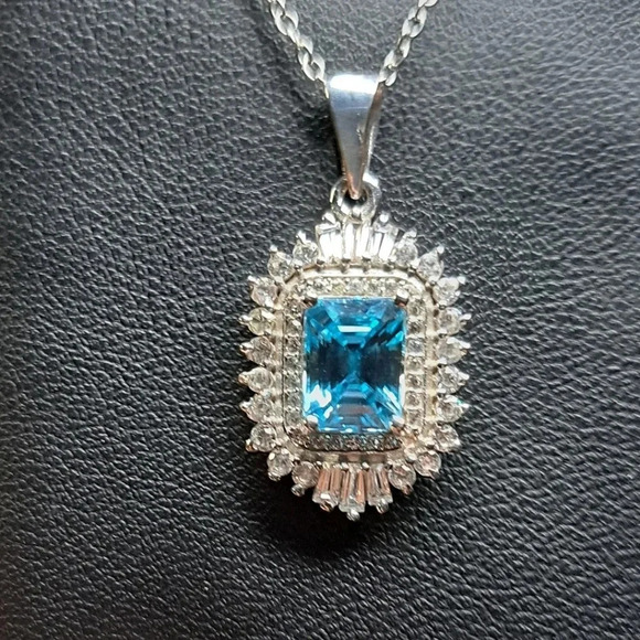 Blue Zircon and White Zircon Ballerina Halo Pendant Necklace 925 Sterling Silver - Picture 3 of 4